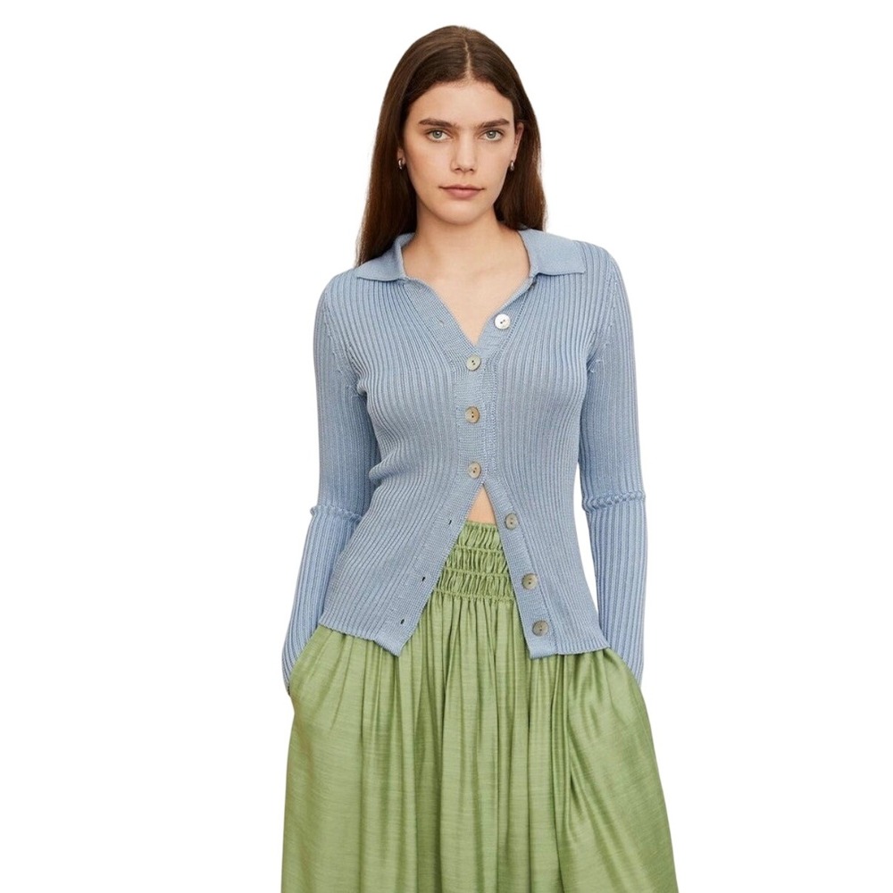 NWT‎ Vince. Ribbed Collar Cardigan Sweater Riviera Blue Medium